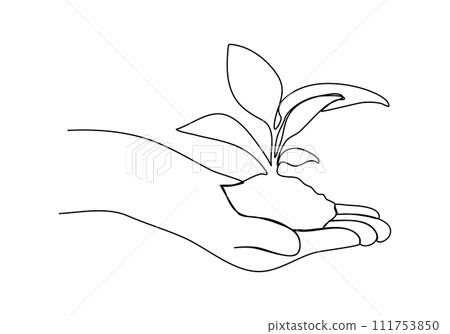 Plant in hands, one line drawing vector illustration. Plant in hands, one line drawing vector illustration. 111753850