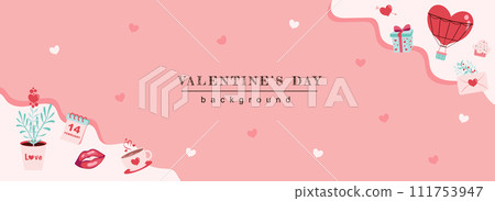 Valentine Day horizontal web banner. Love flower, february date, kiss lips, hot air balloon, gift, romantic letter and hearts. Vector illustration for header website, cover templates in modern design 111753947