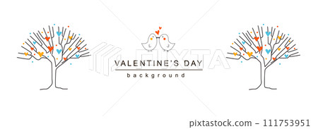 Valentine Day horizontal web banner. Romantic birds couple kissing near love decorative trees with hearts on white background. Vector illustration for header website, cover templates in modern design 111753951