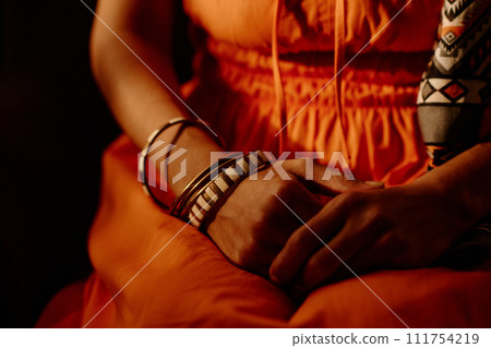 Stylish woman with bracelets on wrists Stylish woman with bracelets on wrists 111754219