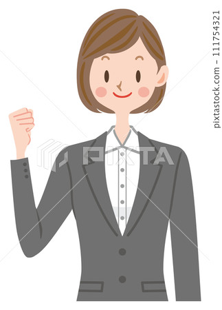 A woman in a gray suit doing a fist pump job hunting 111754321