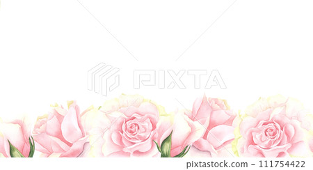 Seamless border with pink flowers, leaves. vintage watercolor floral pattern hand drawn isolated with leaf and rose. Pastel color. Seamless floral rim, band for cards, wedding or fabric. Seamless border with pink flowers, leaves. vintage watercolor floral pattern hand drawn isolated with leaf and rose. Pastel color. Seamless floral rim, band for cards, wedding or fabric. 111754422