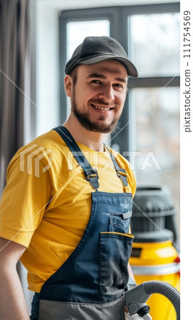 Smiling cleaning worker with steam cleaner in apartment, cleaning service concept 111754569