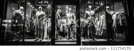 Black and white photo of glass storefronts with manikins, manikins in sold clothes Black and white photo of glass storefronts with manikins, manikins in sold clothes 111754570
