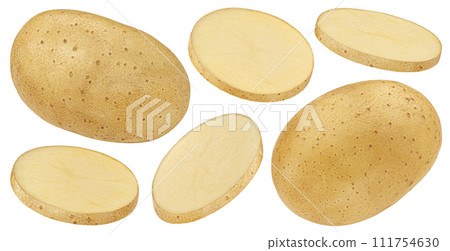Whole and sliced potatoes isolated on white background with clipping path 111754630