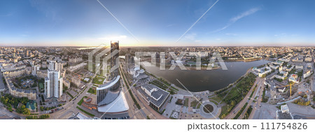 Yekaterinburg city with Buildings of Regional Government and Parliament, Dramatic Theatre, Iset Tower, Yeltsin Center, panoramic view at summer sunset. 111754826