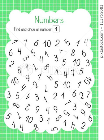 Find and circle number one simple educational activity for children, outline hand drawn vector illustration, educational printable worksheet, leisure activity learning concept, teacher resources 111755083