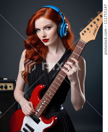 AI-generated content. Musician holding a red electric guitar with headphones 111755147