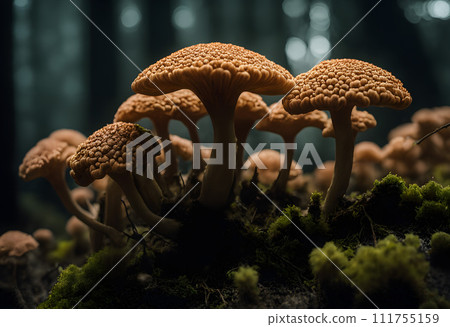 AI-generated content. A group of mushrooms growing in rich dark soil. AI-generated content. A group of mushrooms growing in rich dark soil. 111755159
