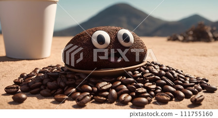 AI-generated content. A rock with eyes sits on a pile of coffee beans in a Java coffee landscape AI-generated content. A rock with eyes sits on a pile of coffee beans in a Java coffee landscape 111755160
