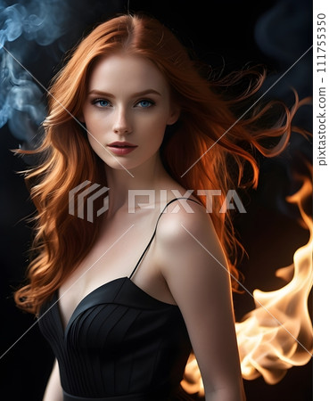 AI-generated content. Fashion model with long red hair, in black dress, stands in front of fire AI-generated content. Fashion model with long red hair, in black dress, stands in front of fire 111755350