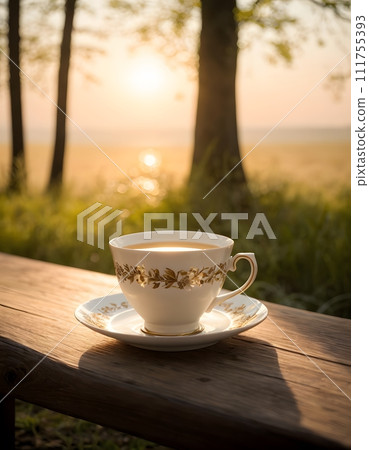 AI-generated content. A cup of tea sits on a saucer on a wooden bench under the sky AI-generated content. A cup of tea sits on a saucer on a wooden bench under the sky 111755393