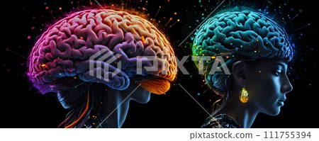 AI-generated content. A man and a woman with glowing brains in electric blue and coral colors AI-generated content. A man and a woman with glowing brains in electric blue and coral colors 111755394