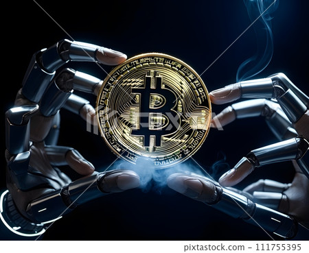 AI-generated content. An Automotive tire holding a Bitcoin in its Electric blue Automotive lighting 111755395