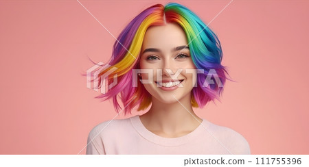 AI-generated content. A happy woman with purple rainbow hair smiling on a pink background AI-generated content. A happy woman with purple rainbow hair smiling on a pink background 111755396