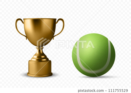 Vector 3d Realistic Blank Golden Champion Cup Icon with Tennis Ball Set Closeup Isolated. Design Template of Championship Trophy. Sports Awards, Victory Celebrations, Golf Championship Concept Vector 3d Realistic Blank Golden Champion Cup Icon with Tennis Ball Set Closeup Isolated. Design Template of Championship Trophy. Sports Awards, Victory Celebrations, Golf Championship Concept 111755529