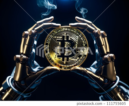 AI-generated content. Electric blue robotic hand holding a bitcoin symbol in titanium metal 111755605