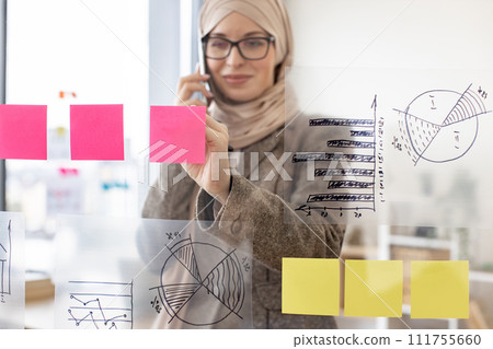 Muslim womantalking on smartphone and looking on financial graphic. 111755660
