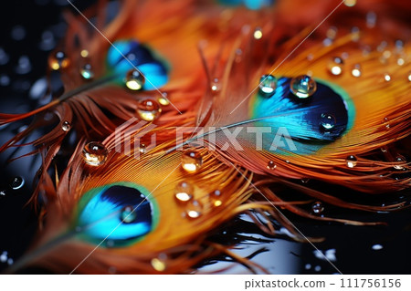 Close-up of a peacock feather with water droplets 111756156
