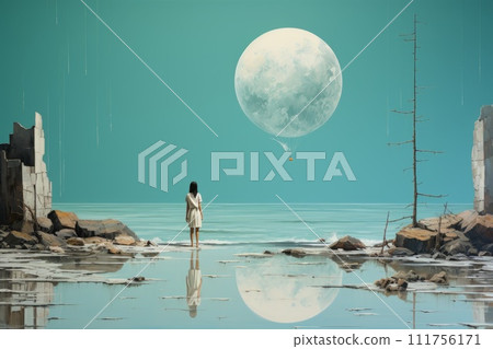 A little girl stands on the shore and looks into the distance. Surrealism. Illustration 111756171