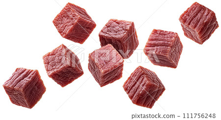 Raw beef meat cubes isolated on white background with clipping path Raw beef meat cubes isolated on white background with clipping path 111756248