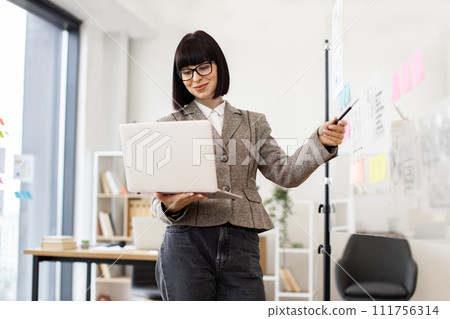 Female administrative manager preparing for presentation at work. 111756314
