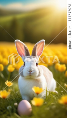 Holiday celebration banner with cute Easter bunny with decorated eggs and spring flowers on green spring meadow. Rabbit in landscape. Happy Easter greeting card, banner, festive background.Copy space 111757078