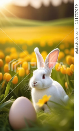 Holiday celebration banner with cute Easter bunny with decorated eggs and spring flowers on green spring meadow. Rabbit in landscape. Happy Easter greeting card, banner, festive background.Copy space Holiday celebration banner with cute Easter bunny with decorated eggs and spring flowers on green spring meadow. Rabbit in landscape. Happy Easter greeting card, banner, festive background.Copy space 111757079