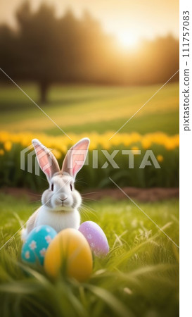 Holiday celebration banner with cute Easter bunny with decorated eggs and spring flowers on green spring meadow. Rabbit in landscape. Happy Easter greeting card, banner, festive background.Copy space 111757083