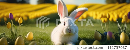 Holiday celebration banner with cute Easter bunny with decorated eggs and spring flowers on green spring meadow. Rabbit in landscape. Happy Easter greeting card, banner, festive background.Copy space Holiday celebration banner with cute Easter bunny with decorated eggs and spring flowers on green spring meadow. Rabbit in landscape. Happy Easter greeting card, banner, festive background.Copy space 111757087