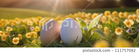 Holiday celebration banner with cute Easter bunny with decorated eggs and spring flowers on green spring meadow. Rabbit in landscape. Happy Easter greeting card, banner, festive background.Copy space 111757092