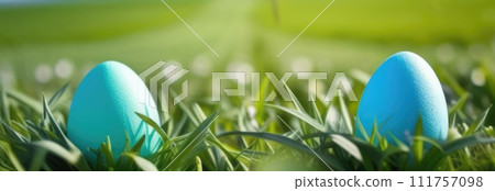 Holiday celebration banner with cute Easter bunny with decorated eggs and spring flowers on green spring meadow. Rabbit in landscape. Happy Easter greeting card, banner, festive background.Copy space Holiday celebration banner with cute Easter bunny with decorated eggs and spring flowers on green spring meadow. Rabbit in landscape. Happy Easter greeting card, banner, festive background.Copy space 111757098