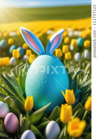 Holiday celebration banner with cute Easter bunny with decorated eggs and spring flowers on green spring meadow. Rabbit in landscape. Happy Easter greeting card, banner, festive background.Copy space 111757122