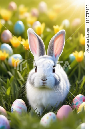 Holiday celebration banner with cute Easter bunny with decorated eggs and spring flowers on green spring meadow. Rabbit in landscape. Happy Easter greeting card, banner, festive background.Copy space Holiday celebration banner with cute Easter bunny with decorated eggs and spring flowers on green spring meadow. Rabbit in landscape. Happy Easter greeting card, banner, festive background.Copy space 111757123