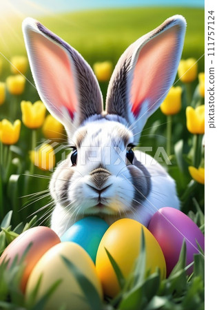 Holiday celebration banner with cute Easter bunny with decorated eggs and spring flowers on green spring meadow. Rabbit in landscape. Happy Easter greeting card, banner, festive background.Copy space Holiday celebration banner with cute Easter bunny with decorated eggs and spring flowers on green spring meadow. Rabbit in landscape. Happy Easter greeting card, banner, festive background.Copy space 111757124