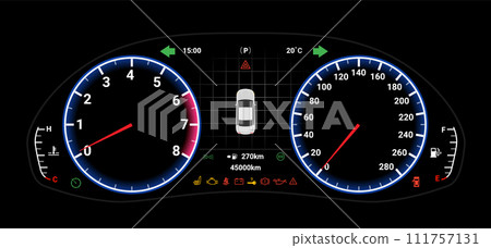 Car digital dashboard speedometer display fuel panel. Car cluster dashboard panel vector design 111757131