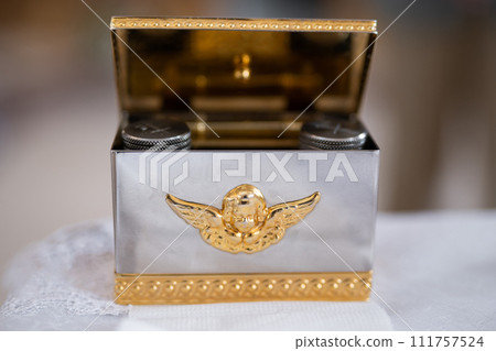 church accessories for the priest's service are made of gold 111757524