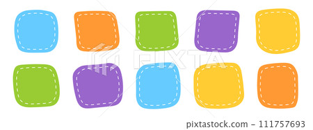 Doodle square shapes with dashed stitches. Cute organic forms. Empty colorful tag, patch, text box, sticker, speech bubble, label templates isolated on white background. Vector flat illustration 111757693