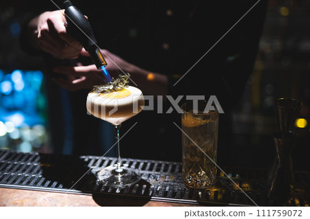 the bartender prepares a beautiful alcoholic cocktail at the bar counter the bartender prepares a beautiful alcoholic cocktail at the bar counter 111759072