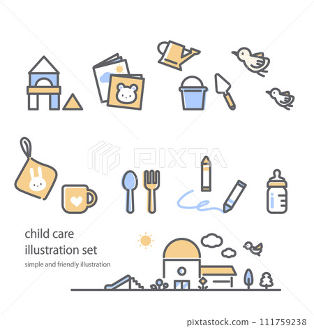 一組以托兒服務為靈感的剪切插圖，簡單時尚的線條畫插圖。 111759238