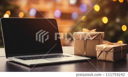 AI-generated content. Delivered parcel box on table with laptop blurred home background. Christmas Online shopping. Black Friday sale. 111759242