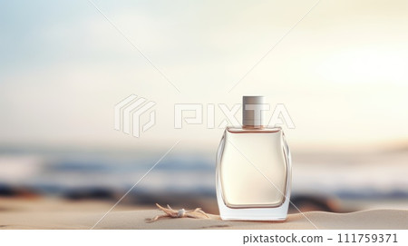 AI-generated content. Transparent white glass perfume bottle mockup with sandy beach and ocean waves on background. Eau de toilette. Mockup, spring flat lay. AI-generated content. Transparent white glass perfume bottle mockup with sandy beach and ocean waves on background. Eau de toilette. Mockup, spring flat lay. 111759371
