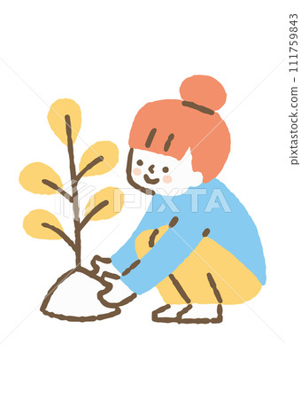 一個女孩試圖種一棵樹苗_color 111759843