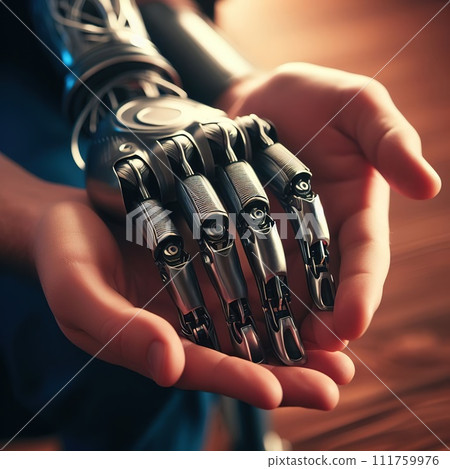 AI-generated content. Illustration on the topic Disabled people and modern prosthetics of arms and legs. Generative AI 111759976