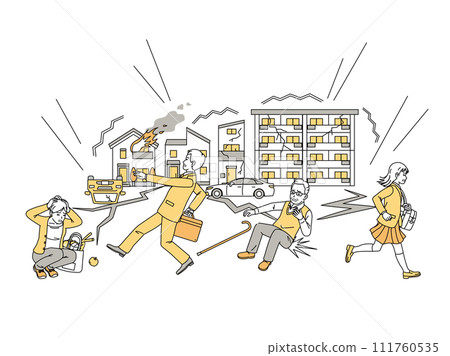 Illustration of people panicking after a major earthquake 111760535