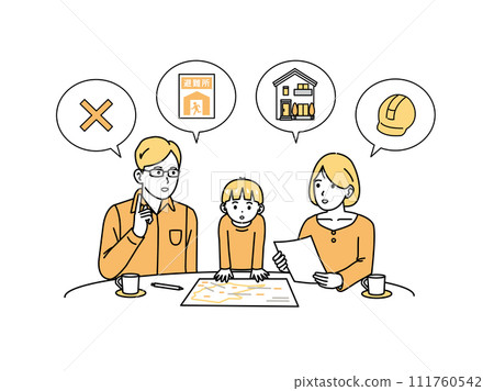 Illustration of a family discussing evacuation sites 111760542