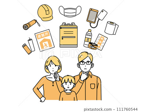Illustration of a family checking disaster prevention supplies Illustration of a family checking disaster prevention supplies 111760544