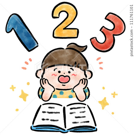 Hand-drawn illustration of a smiling girl having fun studying numbers 111761101