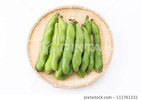 Broad beans on a white background in a colander Broad beans on a white background in a colander 111761332