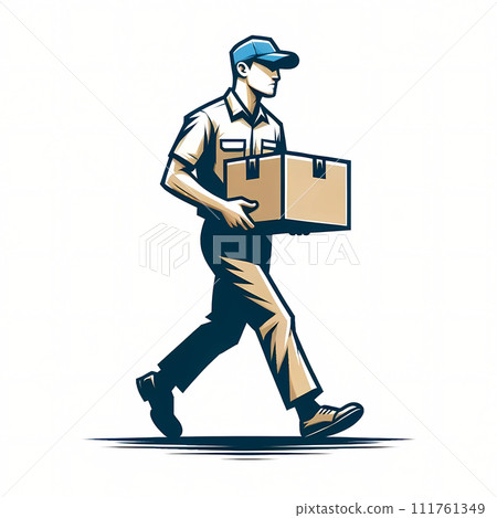 圖解：戴著帽子的送貨員將在網路上購買的產品運送到買家的地址 111761349